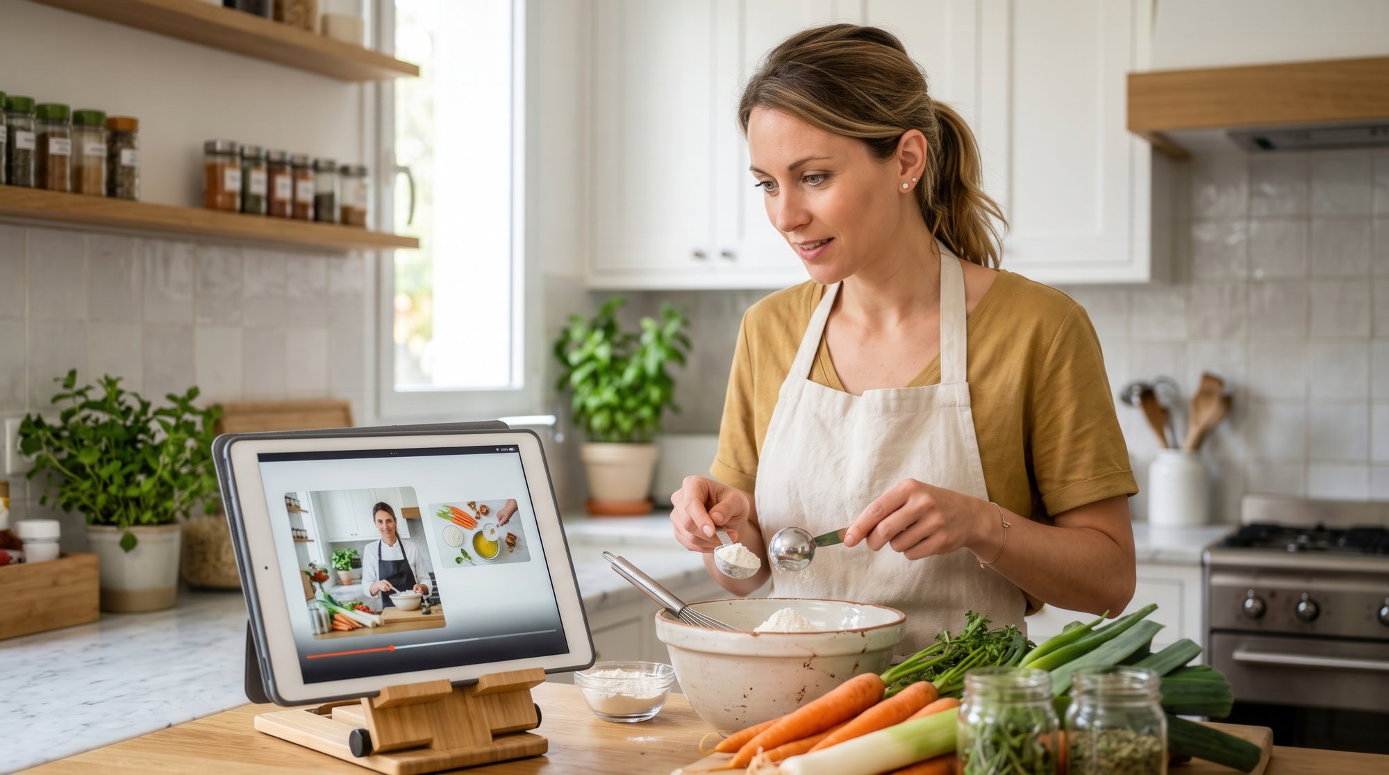 Student following a cooking lesson on tablet