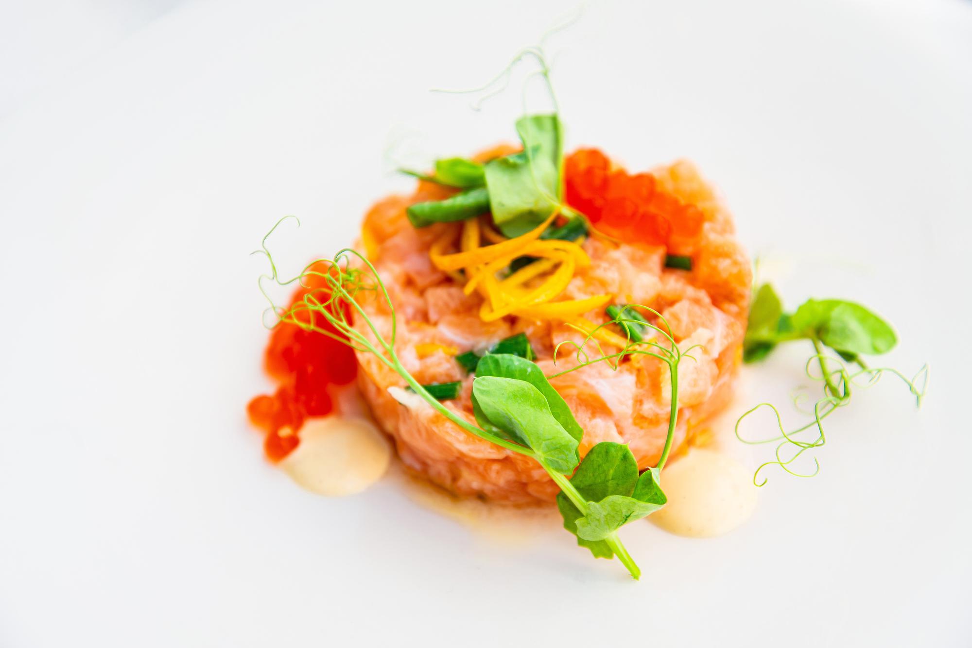 Close-up of plated quick meal with garnish